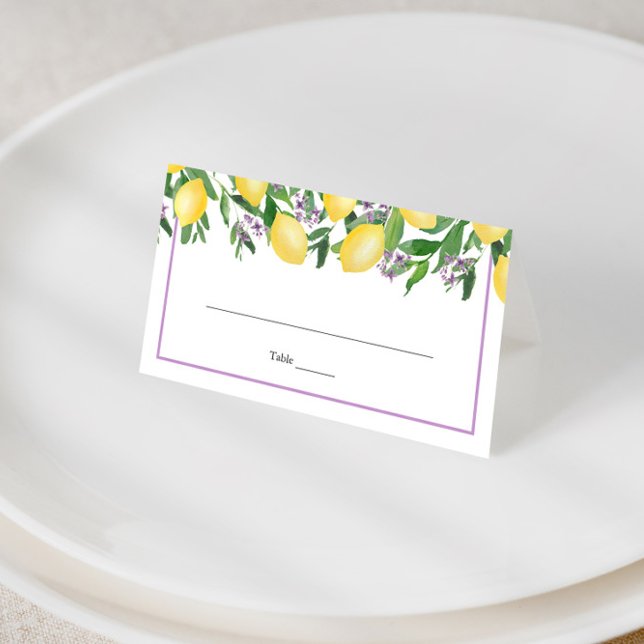 Cartão De Mesa Placa de Lugar Festa de casamento Amarela Lavanda- (Simple lemons with lavender blossoms and purple accents wedding shower place cards)