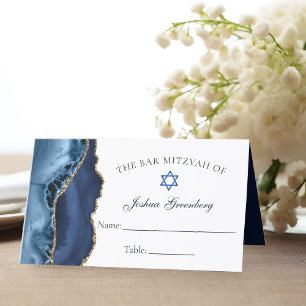 Cartão De Mesa Placa de Lugar Mitzvah, Bar Azul Dourado Elegante