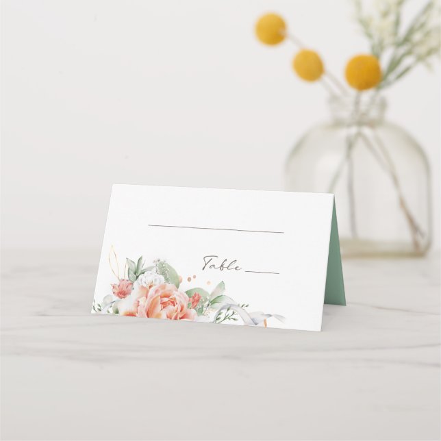 Cartão De Mesa Placas de Casamento Floral Branca e Pêssego (Frente)
