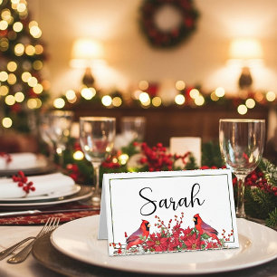 Cartão De Mesa Poinsettia e azevinho com Natal dos Cardeais