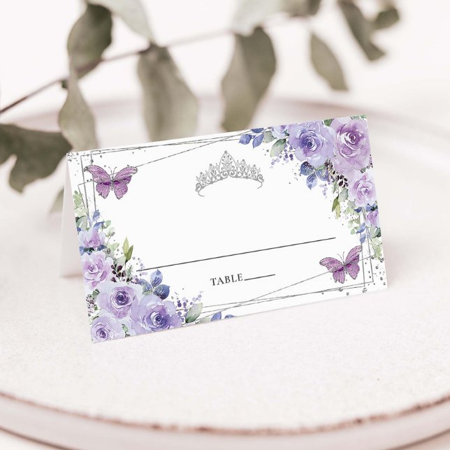 Cartão De Mesa Prata Floral Purple Lilac Quinceañera 16 Aniversár (purple-lilac-lavender-floral-silver-sweet-16-birthday-quinceanera-xv-bat-mitzvah-folded-place-cards)