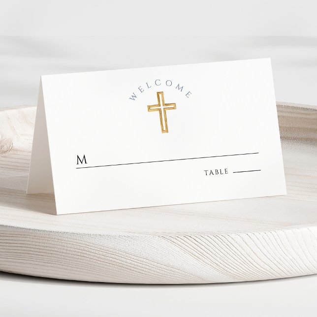 Cartão De Mesa Primeira Comunhão de Cristo Religioso Azul Moderno (Front - Religious Cross Blue Boy First Communion Place Card)