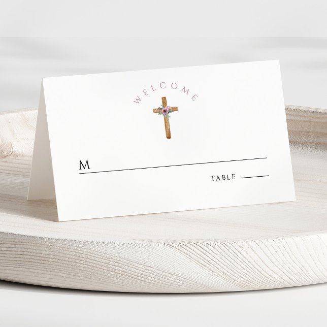 Cartão De Mesa Primeira Comunhão de Garota Floral (Front - Cute Floral Pink Cross Girl First Communion Place Card)