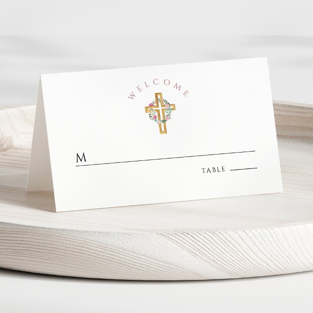 Cartão De Mesa Primeira Comunhão de Menina Floral Rosa Elegante (Front - Pink Floral Wreath Cross Girl First Communion Place Card)