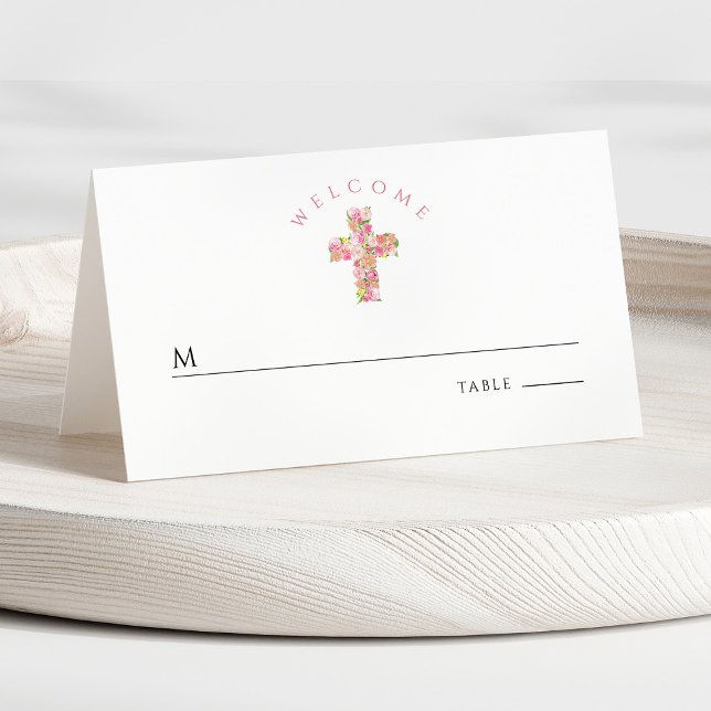 Cartão De Mesa Primeira Comunhão Religiosa Cruz Floral Rosa (Front - Pink Floral Cross Religious First Communion Place Card)
