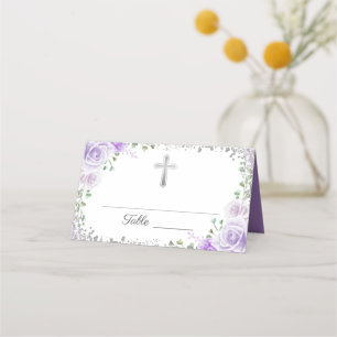 Cartão De Mesa Purple Floral Silver Glitter Primeira Comunhão Sag