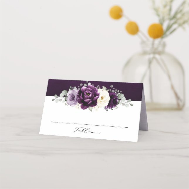 Cartão De Mesa Púrpura Roxo Pó Marfim Casamento Floral Branco Pl (Frente)