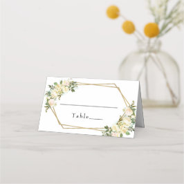 Cartão De Mesa Quadro Dourado Floral de Rosa de Chic Branco Elega