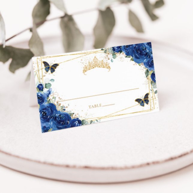 Cartão De Mesa Quinceañera Birthday Royal Blue Floral Butflies (Criador carregado)