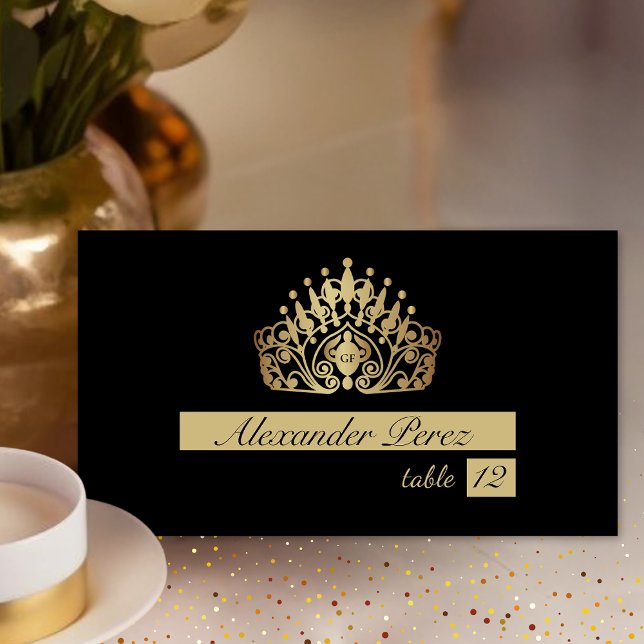 Cartão De Mesa Quinceanera Black e Dourada Princesa Tiara Crown (Criador carregado)