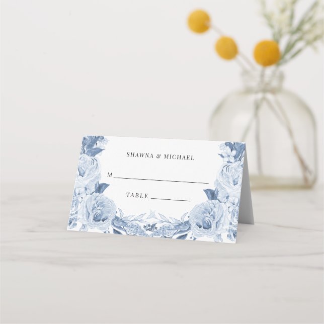 Cartão De Mesa Recepção de casamento Floral Clássica Azul e Branc (Frente)
