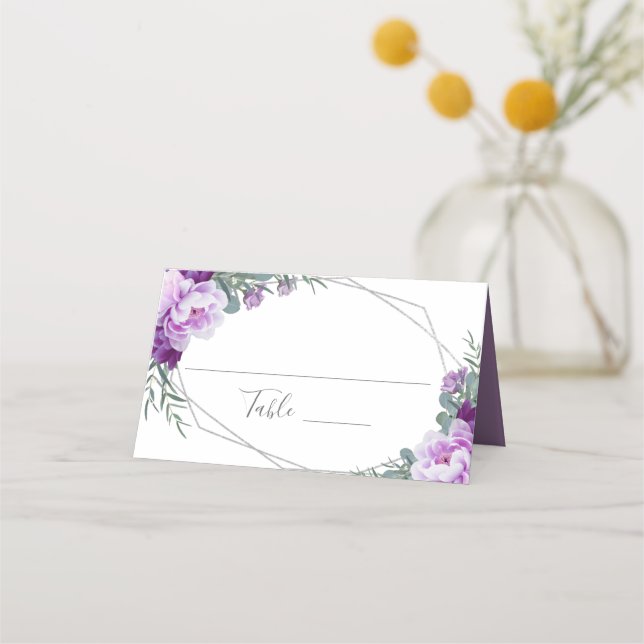Cartão De Mesa Recepção de casamento Floral Elegante Roxo e Prata (Frente)