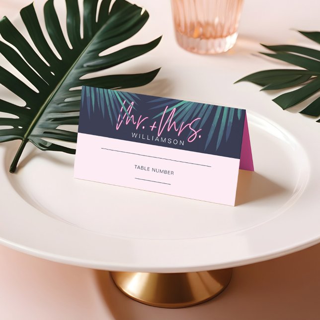 Cartão De Mesa Red Love Neon Pink Tropical Retro Casamento (Electric Love Neon Pink Tropical Retro Wedding Place Card)