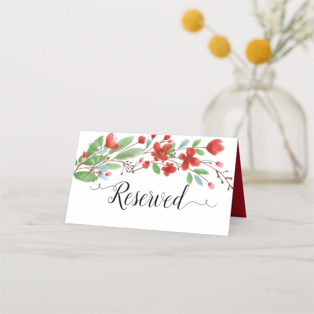 Cartão De Mesa Red Watercolor Blossoms Elegant Wedding Reservado (Frente)