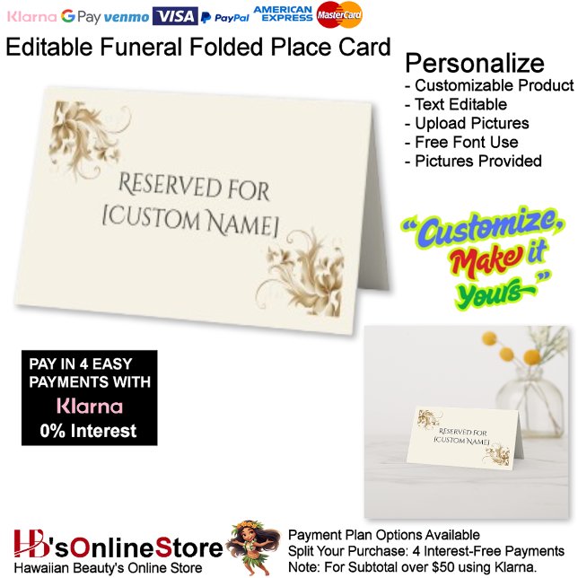 Cartão De Mesa Reserved for [Custom Name] Flourish Funeral  (Reserved for [Custom Name] Flourish Funeral Place Card.)