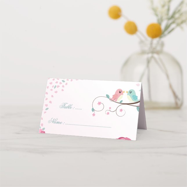 Cartão De Mesa Romântica rosa e azuis — botânica de aves (Frente)