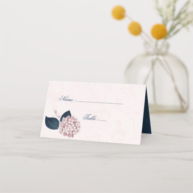 Cartão De Mesa Romântico Navy e flores rosa empoeiradas (Frente)