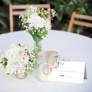 Cartão De Mesa Rosa dourado floral branco casamento de eucalipto