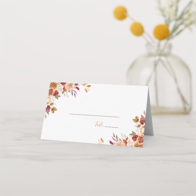 Cartão De Mesa Rosa Rústica e Crisântemo Casamento de Outono (Verso)