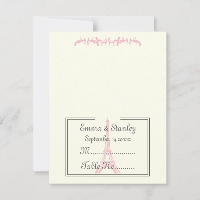 Cartão de mesa rosa Torre Eiffel para casamento em (Frente)