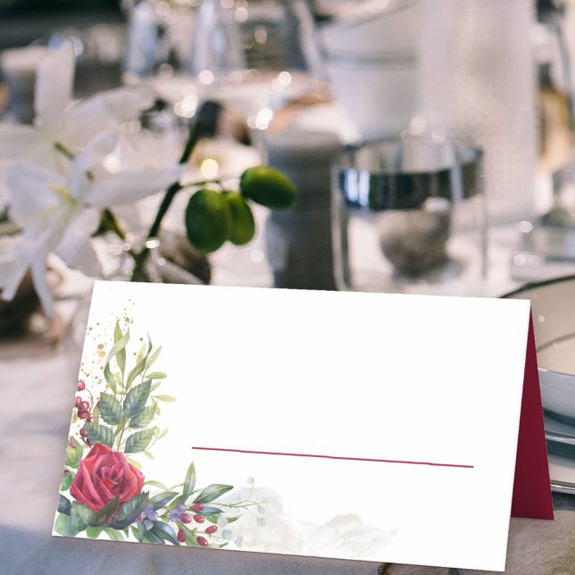 Cartão De Mesa Rosa vermelha e Folhas de Eucalyptus (Place Cards with red rose floral arrangement and space to write your guest's name)