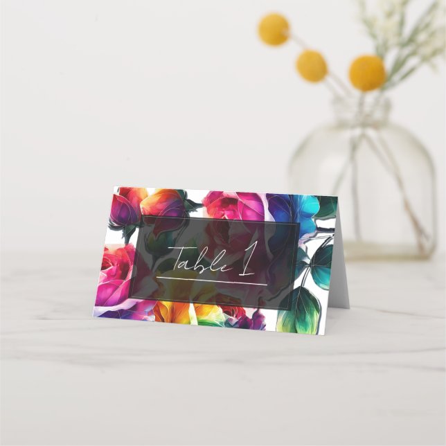 Cartão De Mesa Rosas Arco-íris Preto e Branco Casamento Floral Vi (Frente)