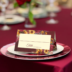 Cartão De Mesa rosas-burgundo-casamento outono girassóis amarelos