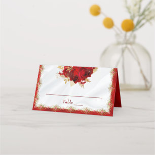 Cartão De Mesa Rosas de Casamento Dourado e Vermelho Elegante