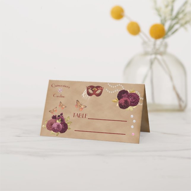 Cartão De Mesa Rosas Ingleses Burgundy, Máscara do Partido Vermel (Frente)