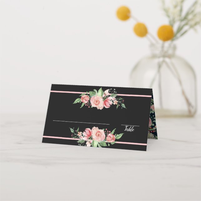 Cartão De Mesa Rosas Rosa Tradicional | Preto | Design floral (Frente)