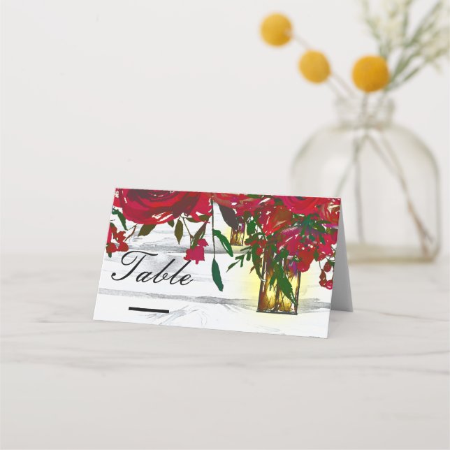 Cartão De Mesa Rosas Vermelhas Românticas em Aquarela & Mesa com  (Frente)