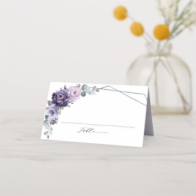 Cartão De Mesa Roxo Ameixa Floral Prateado Geométrico Casamento (Frente)