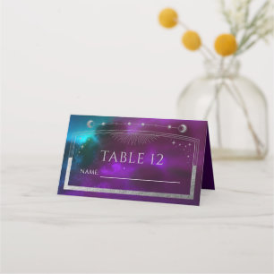 Cartão De Mesa Roxo Cósmico Prata Teal Sun Lua Stars Casamento