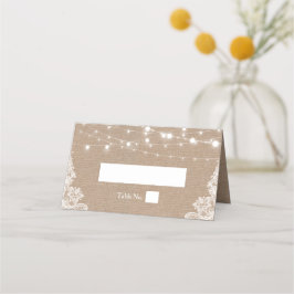 Cartão De Mesa Rustic Burlap String Luzes Lace Casamento