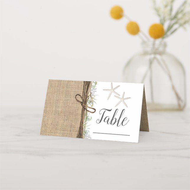Cartão De Mesa Rustic Coastal Beach Starfish Burlap Table Number (Verso)
