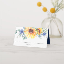 Cartão De Mesa Rustic Sunflower Blue Floral Weding Nome do Convid