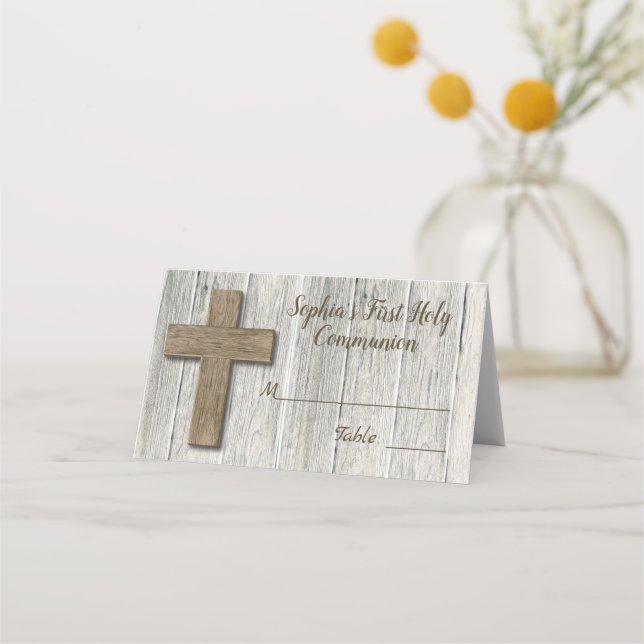 Cartão De Mesa Rustic Wood Cross First Commune - Place Card (Frente)