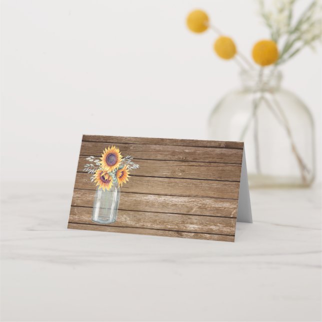 Cartão De Mesa Rústico Sunflower Country Mason Jar Floral Barnyar (Frente)
