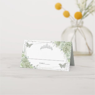 Cartão De Mesa Sage Green Floral Butterflies Quinceañera Birthday