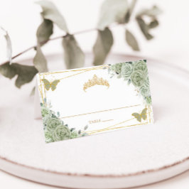 Cartão De Mesa Sage Green Floral Butterflies Quinceañera Birthday