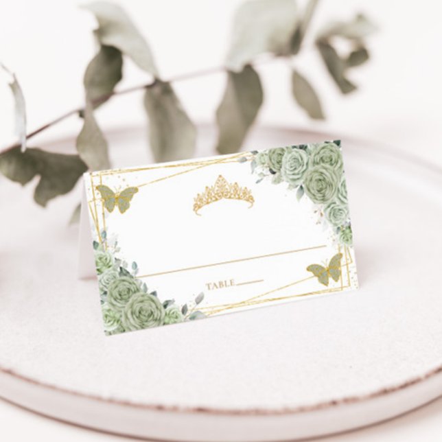 Cartão De Mesa Sage Green Floral Butterflies Quinceañera Birthday (Criador carregado)