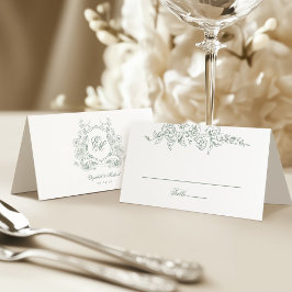 Cartão De Mesa Sage Green Floral Crest Monograma Casamento Legant