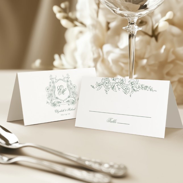 Cartão De Mesa Sage Green Floral Crest Monograma Casamento Legant (Criador carregado)