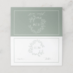 Cartão De Mesa Sage Green Leafy Crest Monograma Casamento