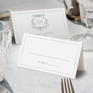 Cartão De Mesa Sage Green Victorian Barroco Floral Crest Casament