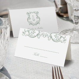 Cartão De Mesa Sage Green Vintage Barroco Monograma Casamento de