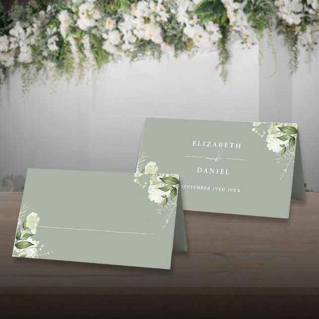 Cartão De Mesa Sage Verde Floral Folhagem Casamento Dobrado (Sage Green Floral Greenery Wedding Folded Place Card)