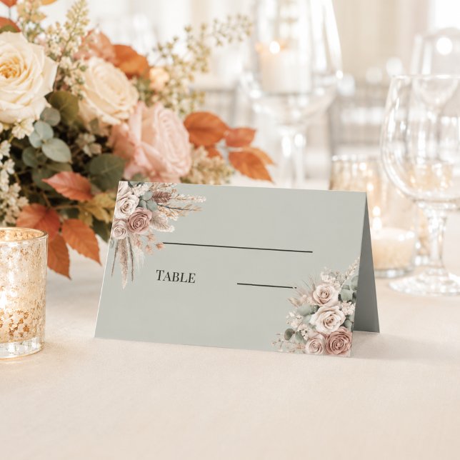 Cartão De Mesa Sage verde marfim taupe flores pampas boho (Criador carregado)