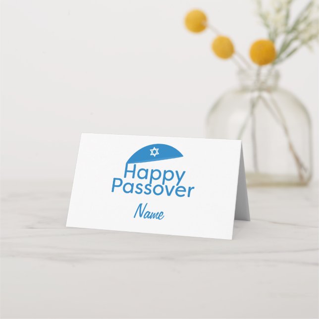 Cartão De Mesa Saudação de Passover Feliz Azul com Kippah (Frente)