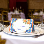 Cartão De Mesa Seu chá de panela azul-alaranjado principal<br><div class="desc">Ela encontrou seus cartões de lugar laranja azul chá de panela de aperto principal,  azul Majjolica azulejos espanhóis mediterrânicos de laranjas com moderno roteiro casual,  bom para as funções de verão ao ar livre cartões de lugar</div>
